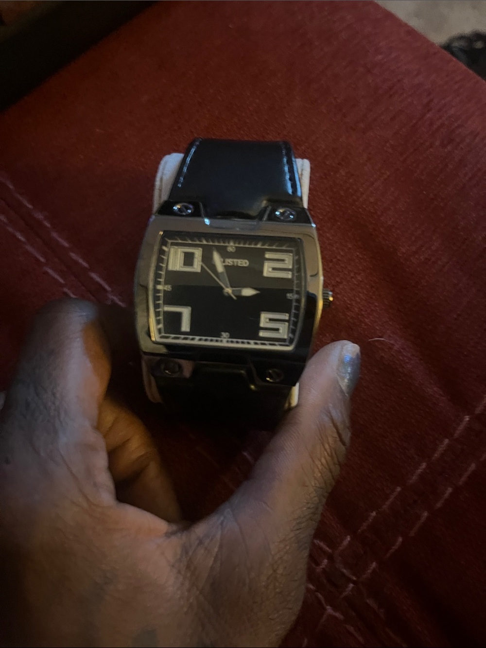 Unlisted Black Square Dial Men's Watch with Black Leather Strap